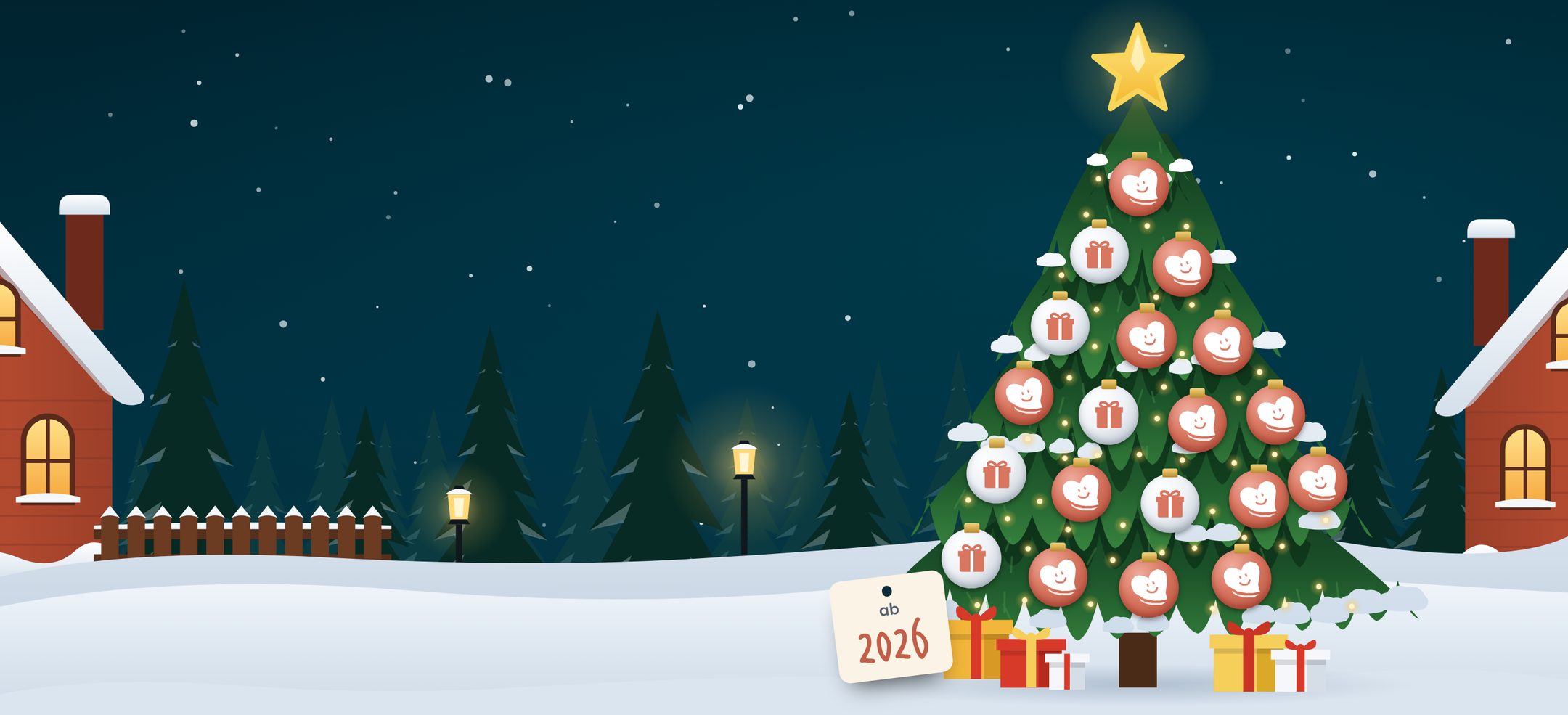 Geschmückter Weihnachtsbaum in einer verschneiten Winterlandschaft mit dem Schild „ab 2026“